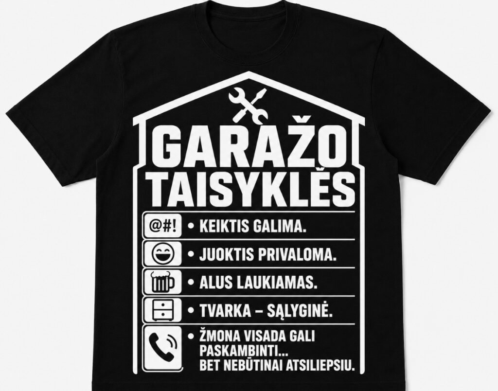 Marškinėliai „Garažo taisyklės“ – kitas dizainas