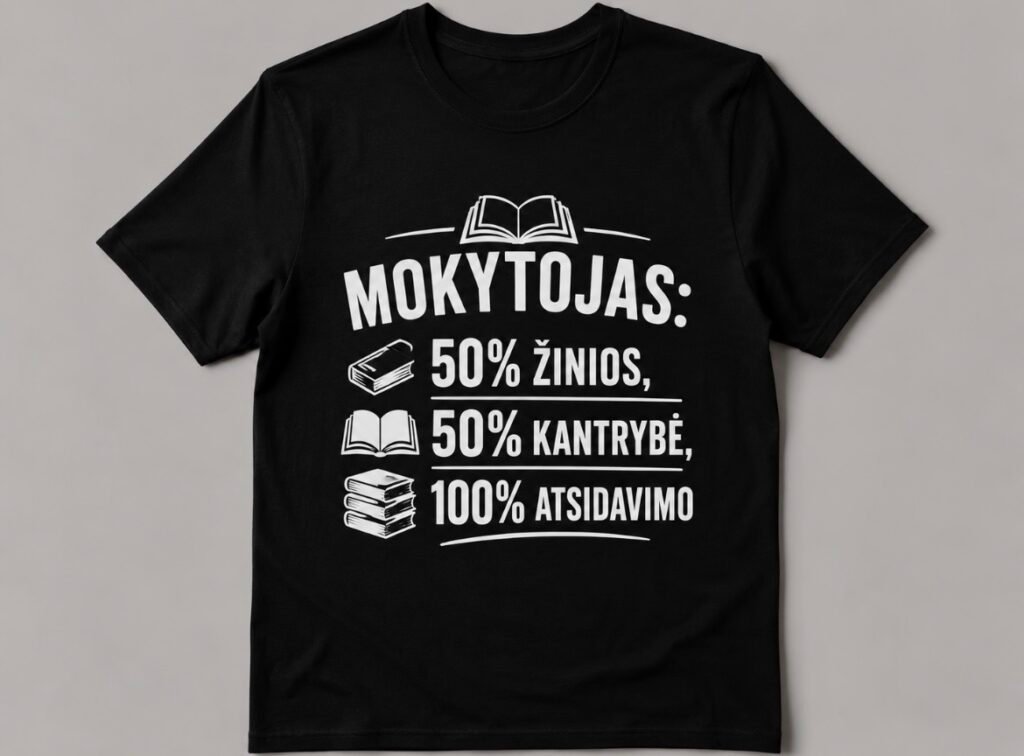 Marškinėliai „Mokytojas: 50 % žinios, 50 % kantrybė, 100 % atsidavimo“