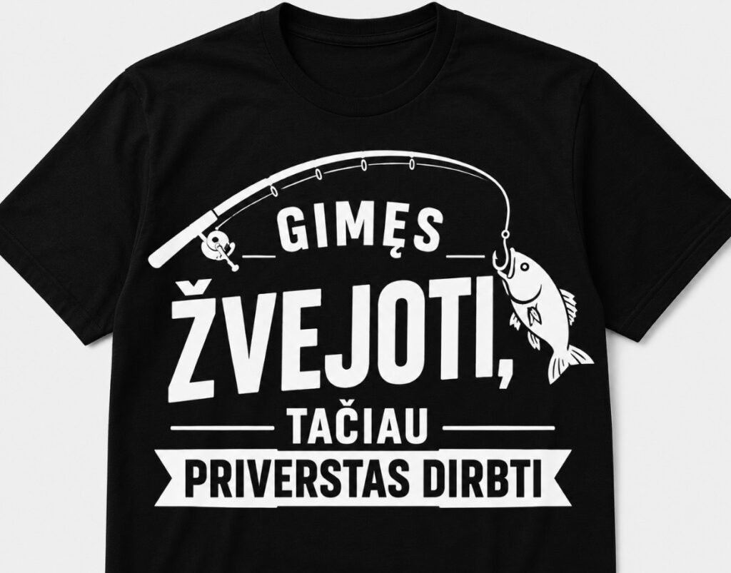 Marškinėliai „Gimęs žvejoti, tačiau priverstas dirbti“